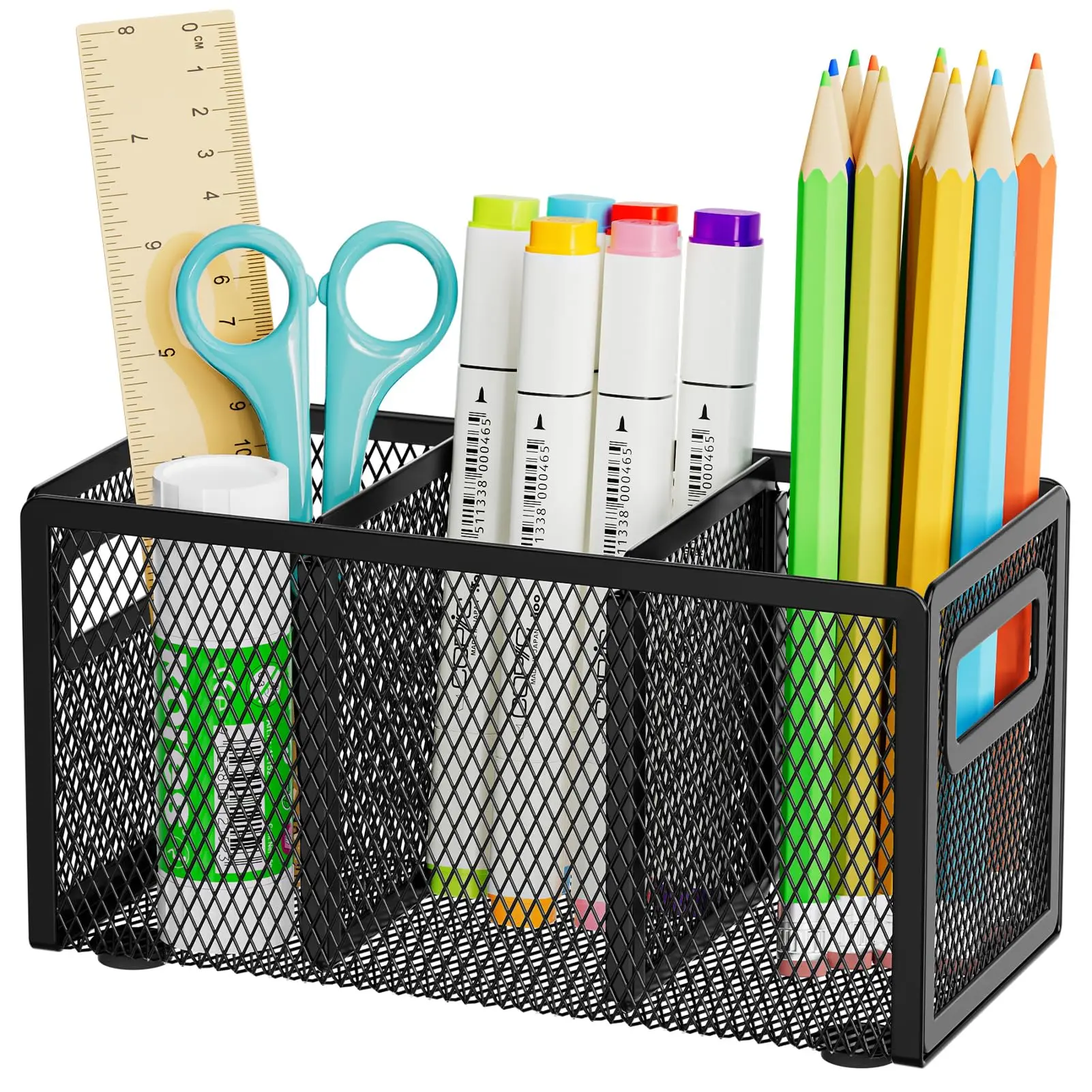 Mesh Pen Holder for Desk, Pencil Holder Desk Organizer 3 Adjustable Compartments, Pencil Cup with Handle Perfect for Classroom, Office, Home, Makeup, Art (Black)