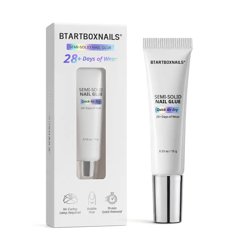BTArtbox Strong Hold 15g Quick-Drying Semi-Solid Nail Glue with 30ml Remover, Long-Lasting Adhesive Tabs Gel for Press On Nails, Acrylic Tips & Salon-Quality Nail Kits, Easy-Apply, TPO Free & HEMA Free, No UV Lamp Needed for Home or Salon Use