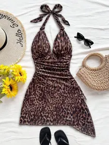 ARTYOTI Vintage Leopard Print V-Neck Tie-Front Mesh Ruched Romantic Vacation Women Mini Dress