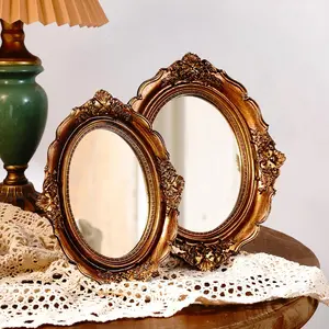 Vintage Oval Shaped Mirror Decoration, Exquisite Retro Mirror Ornament, Desktop Decoration for Home Living Room Bedroom Dressing Table, Mirror Accessory