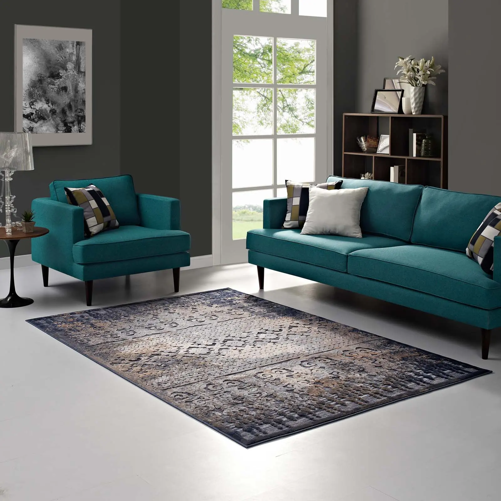 Modway Kalene Distressed Vintage Turkish 5X8 Area Rug - Home Decor Rug, Living Room Decor in Blue, Rust, Cream