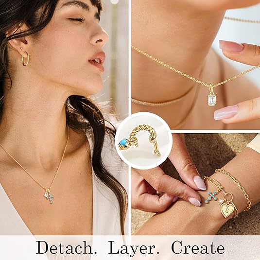 FETTERO  Gold Plated Double Cross Necklace with CZ Accents, Removable Dainty Pendant for Women