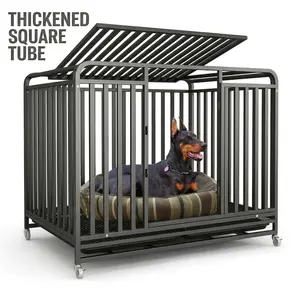 Heavy Duty Dog Crate, Indestructible Dog Safe Cage for Large Dogs with 360° Wheels & Double Doors, Escape Proof Metal Dog Kennel with Removable Tray for Indoor Outdoor, Thickened Square Tube