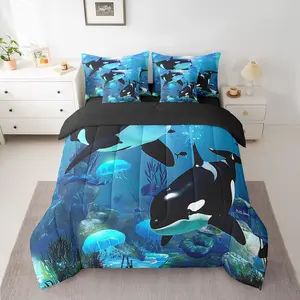 Feelyou 7-Piece Ultra Soft Bedding Set - Ocean Themed Bedroom Comforter Set with Jellyfish, Killer Whale, Deep Sea Marine Life, Multi-Size Bed in A Bag, Seven Pieces