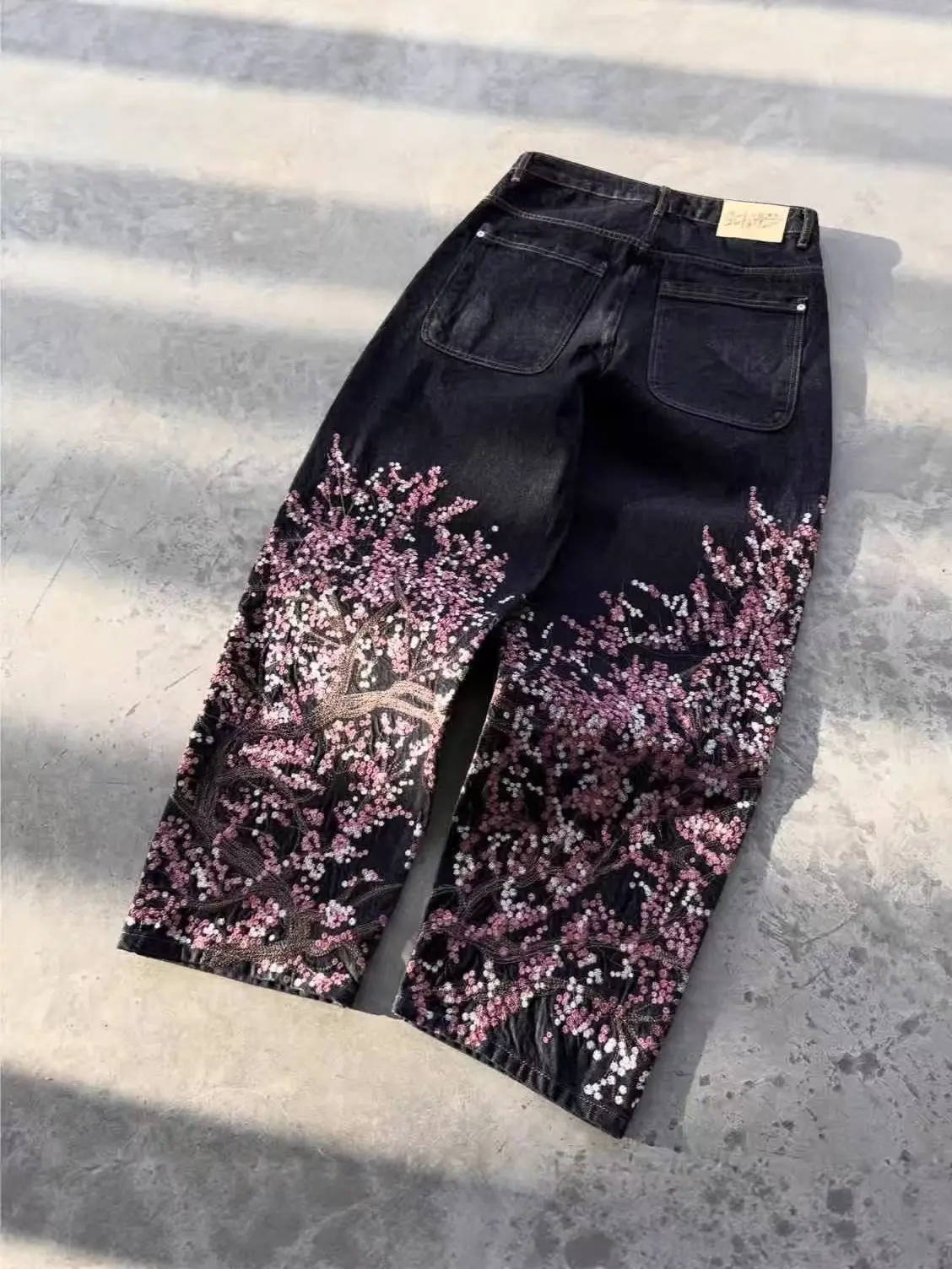 Women's 3D Floral Embroidered Straight-Leg Jeans – Denim-Look Floor-Length Trousers with Rhinestone Flower Detail