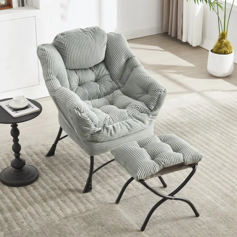 Lazy Chair with Ottoman, Modern Lounge Accent Chair with Armrests and a Side Pocket, Leisure Upholstered Sofa Chair Reading Chair with Footrest for Small Space, Corner Chair-Light green