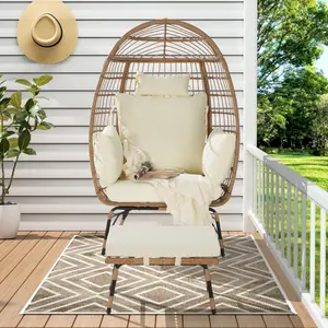 Summervibes Hand-Woven Oversized PE Rattan Wicker Swinging Lounge Chair, Outdoor Living Furniture with Adjustable Leg, 500 lbs Capacity, Thick Cushions & Ottoman, for Porch & Backyard, Black Aluminum Conversation Sofa Set, Adjustable Umbrella
