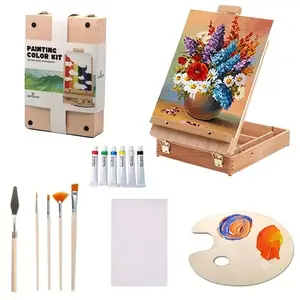 WINSONS 14-Piece Portable Painting Set with Wooden Tabletop Easel Box, Acrylic Paints, Canvas, Brushes & Palette for Outdoor Sketching