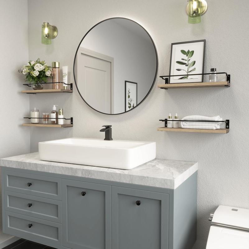 Bathroom Floating Shelves with Guardrail, Set of 4 Wall Mounted Small Storage Bathroom Shelves, Rustic Bathroom Shelves Over Toilet, Wall Shelves for Kitchen Living Room Bedroom - Black- Carbonized Black-White