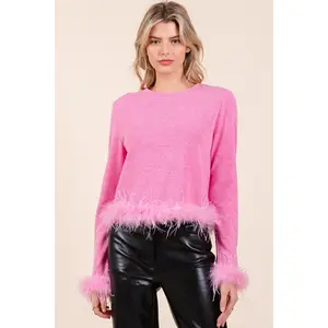 Mittoshop Feather Trim Long Sleeve Crop Hacci Knit Top