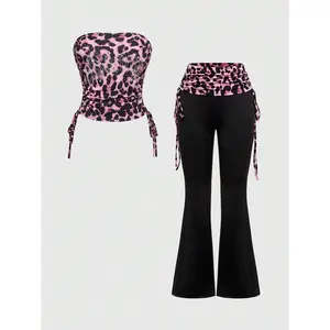 Women's Spring Summer 2pcs Outfit Rhinestone Letter & Leopard Print Strapless Crop Top And Drawstring Pants Set