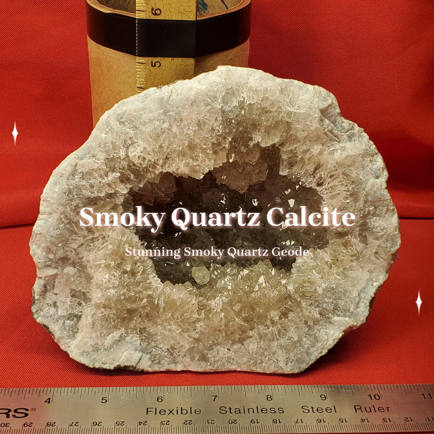 Smoky Quartz and Calcite Geode Half, Elegant Natural Crystal Decorations for Home Display, Room Decor, House Decor, 7X5.75 In, Quartz/Calcite, Natural Look, 5 3/4 In Height