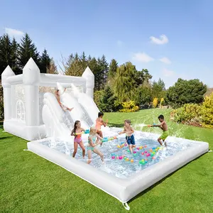 19ft Inflatable Water Slide Bounce House Oxford Water Slide with Double Slide and Ball Pool Pit White Bouncy House with Air Blower for Kids Summer Outdoor Birthday Party Fun