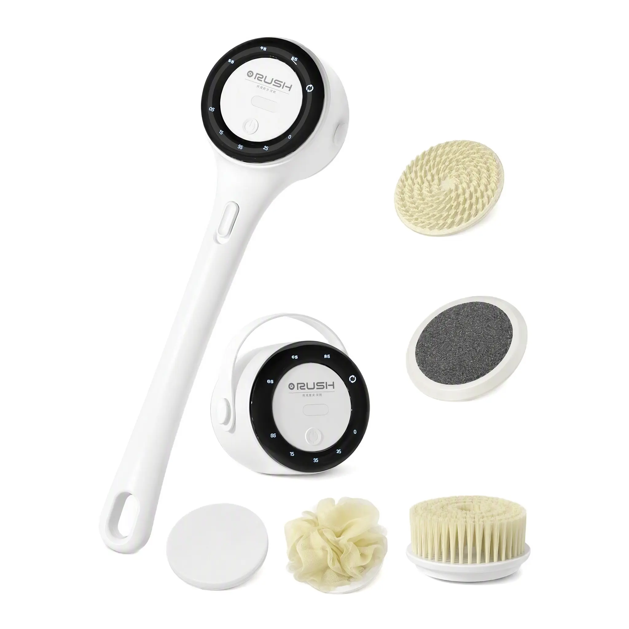 Electric Body Scrubber for Shower, Dual Handle Waterproof Spin Brush with 5 Interchangeable Heads, Long Handle Back Scrubber for Exfoliating & Massage, Full Body Care Tool, Home SPA Bathroom Essential