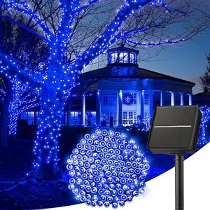 [USA Stock] - 1 Pack Solar String Lights Outdoor, 40FT 100 LED String Lights Solar Powered with 8 Lighting Modes, Waterproof Solar Patio Lights, Solar String Lights for Outside Tree Yard Halloween Decoration, Blue
