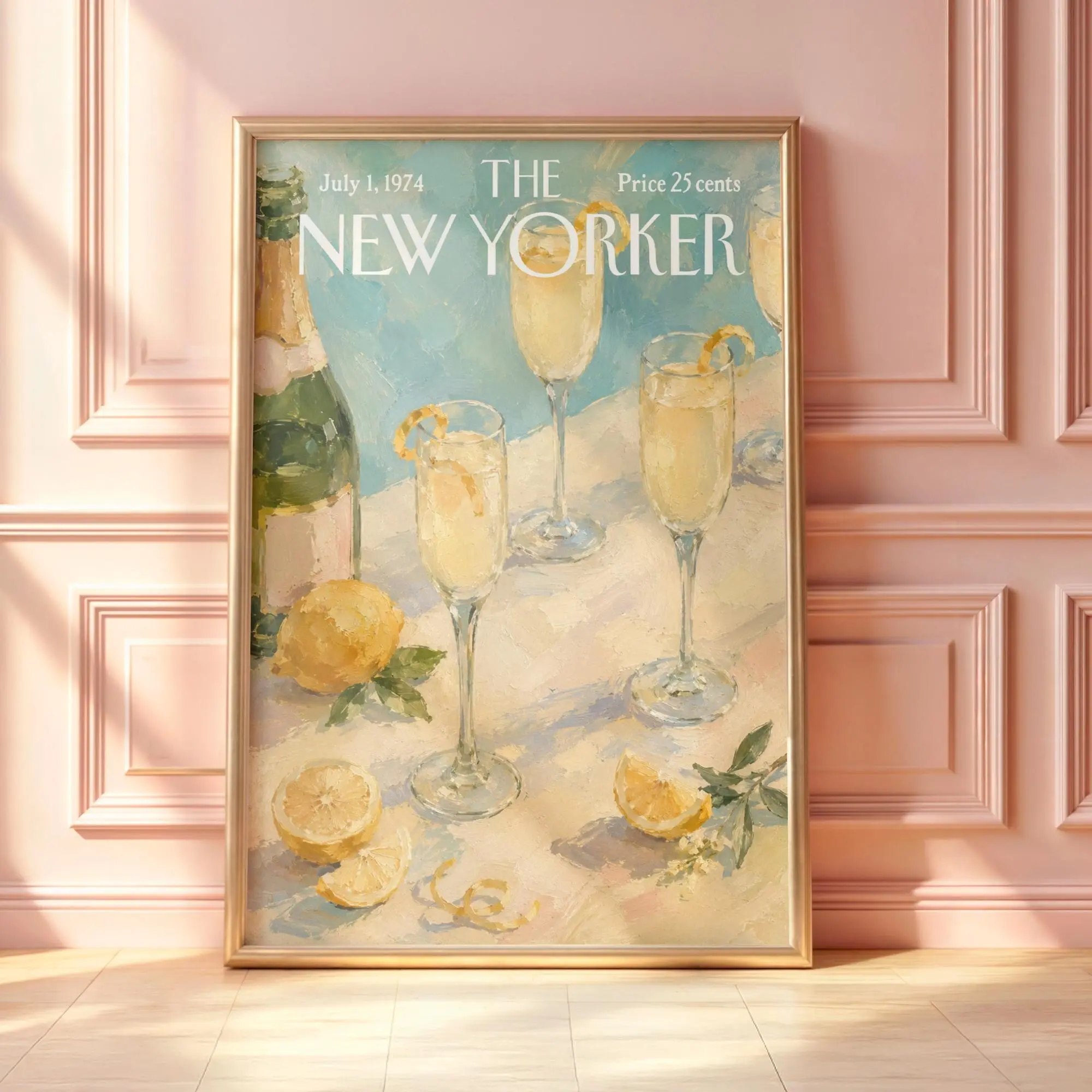 Vintage New Yorker Mimosa Poster, Lemon Cocktail Wall Art, Brunch Kitchen Decor, Champagne Print, Summer Bar Cart Artwork