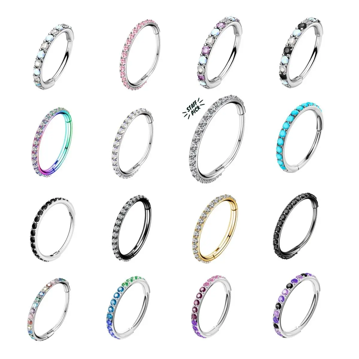 OUFER 20G 316L Stainless Steel Hinged Nostril Piercing Nose Hoop Piercing Ring, Black Cubic Zirconia Gemstone Jewelry, Multiple Colors, 5mm-12mm Inner Diameter, Unisex Non-Tarnish Helix Piercing Jewelry, Helix Pierced Ring, Non-Tarnish Piercing Jewelry