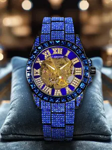 Luxury waterproof mechanical wristwatch for men, cool and modern luminous watch for men, blue diamond mechanical watch with gold Roman numeral hollow dial