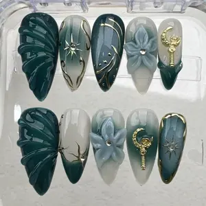 Celestial Press-On Nails, 3D Blue Flowers with Gold Moon & Stars, Shimmer Green Ombre Design, Gift For Her, Handmade Nails
