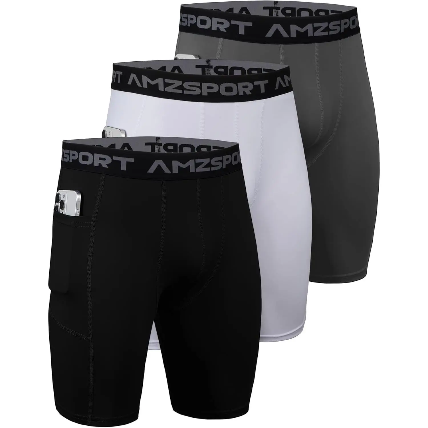 AMZSPORT 3 Pack Men's Compression Shorts with Phone Pocket, Cool Dry Spandex Athletic Running Gym Base Layer Underwear