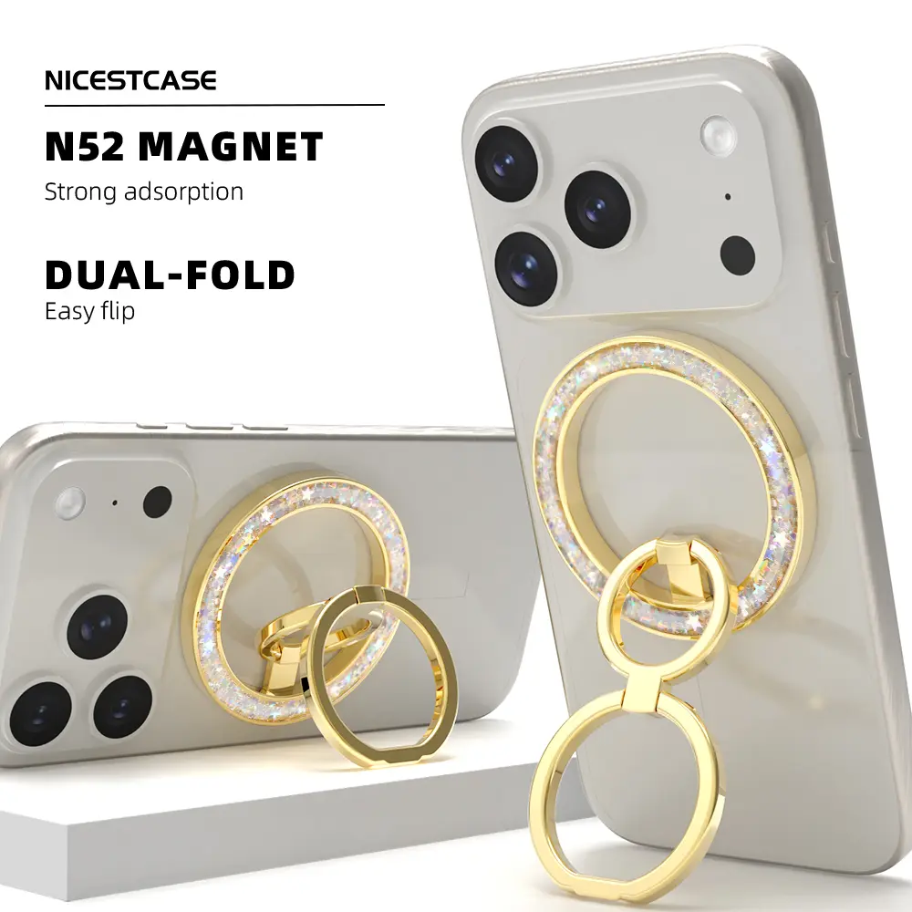 NICESTCASE Luxury sequin double-ring magnetic phone holder, portable phone stand, suitable for iPhone, smartphones, mobile phones - metal alloy and resin design, sturdy and durable, resistant to yellowing, elegant and comfortable phone accessory Cellphone