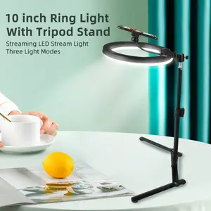 10.24-in Circular Light Strip Tripod with Gear Pan, Mobile/Cellphone Selfie Accessory, Tech Accessory for Live Streaming & Desktop Photography, USB-Charged No-Battery Design for Smartphones