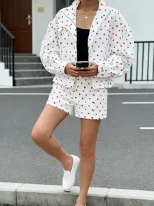 Two piece women's casual sweet polka dot jacket paired with shorts set, suitable for autumn and winter, suitable for home, indoor, and outdoor wear