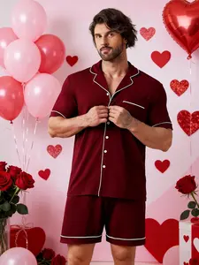 Men's Two-Piece Pajama Set with Button-Up Shirt and Pants, Comfortable Sleepwear in Soft Fabric, Perfect Valentine's Day Gift