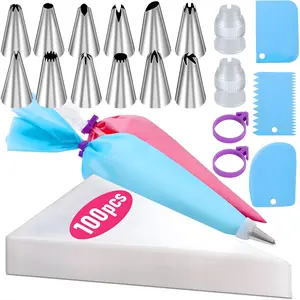 Piping Bags & Tips Set 16” 100pcs  Disposable Pastry Bags or 12” Bags Includes Reusable Piping Bag, Coupler, 12 Frosting Tips, Cake Scrapers & Bag Ties Complete Cake Decorating Kit