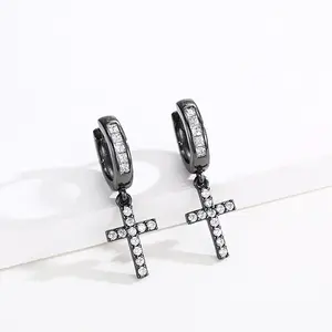 Dangle Cross Hoop Earrings Sterling Silver Drop Hanging Diamond Earrings for Men Women.