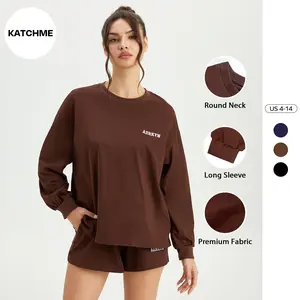 KatchMe Women's Versatile Round Neck Letter Print Long Sleeve Top & Shorts Co-ord, Basic Loose Sweatshirt Tracksuit, Casual Co-ord Set for Lady