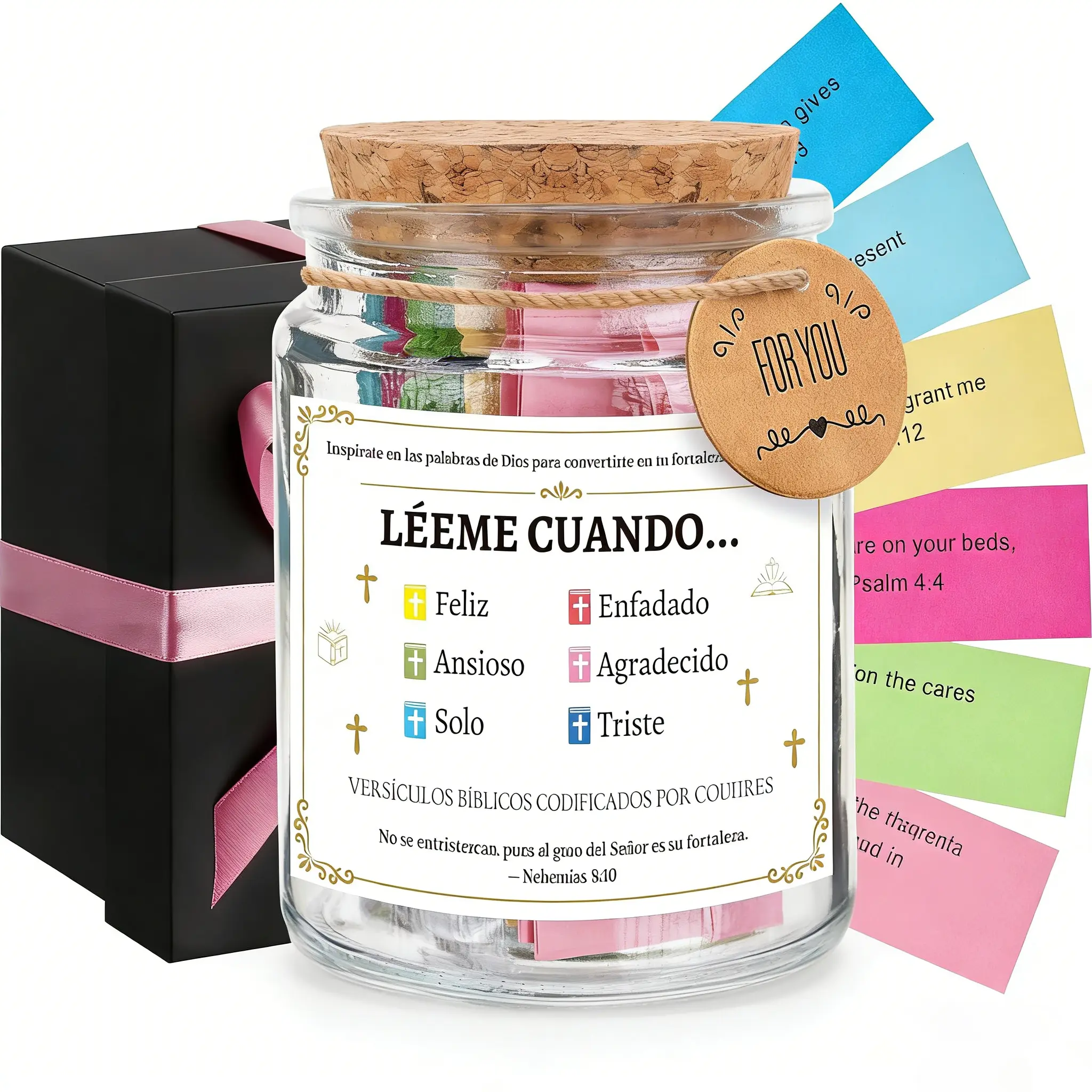 [Thick Glass Bible Verse Hope Jar] Adult Unisex Inspirational Jar with 90 Selected Spanish Scripture, Emotion-Focused Prayer Cards, Daily Encouragement Christian Gift for Wife, Occasions (Christmas, Anniversary)