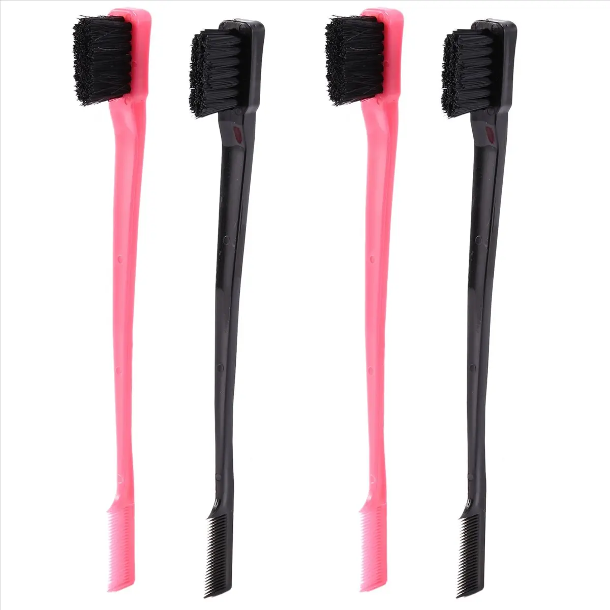 Unisex 7-Inch Double Ended Edge Control Hair Brush & Comb Combo Pack (4 Plastic Pieces, Rose & Black) with Abs for All Hair Styling Needs