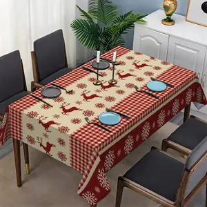 1pc American retro Christmas themed tablecloth with red grid reindeer snowflake print, washable square table cover suitable for kitchen banquets, picnics, birthdays, parties, home decoration