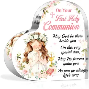 First Holy Communion Gifts for Girls, Heart-Shaped Acrylic Plaque Keepsake for Table Decorations, 1st Holy Communion Gifts for Girls, Goddaughter, Daughter, Granddaughter