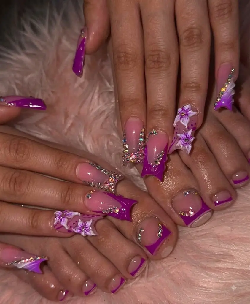 Luxury Purple 3D Flower Press On Nails Long Square Rhinestone Bling Fake Nails Matching Hands and Toes Set Y2K Baddie Reusable Acrylic False Nails Summer Party Trendy DIY Salon Manicure & Pedicure