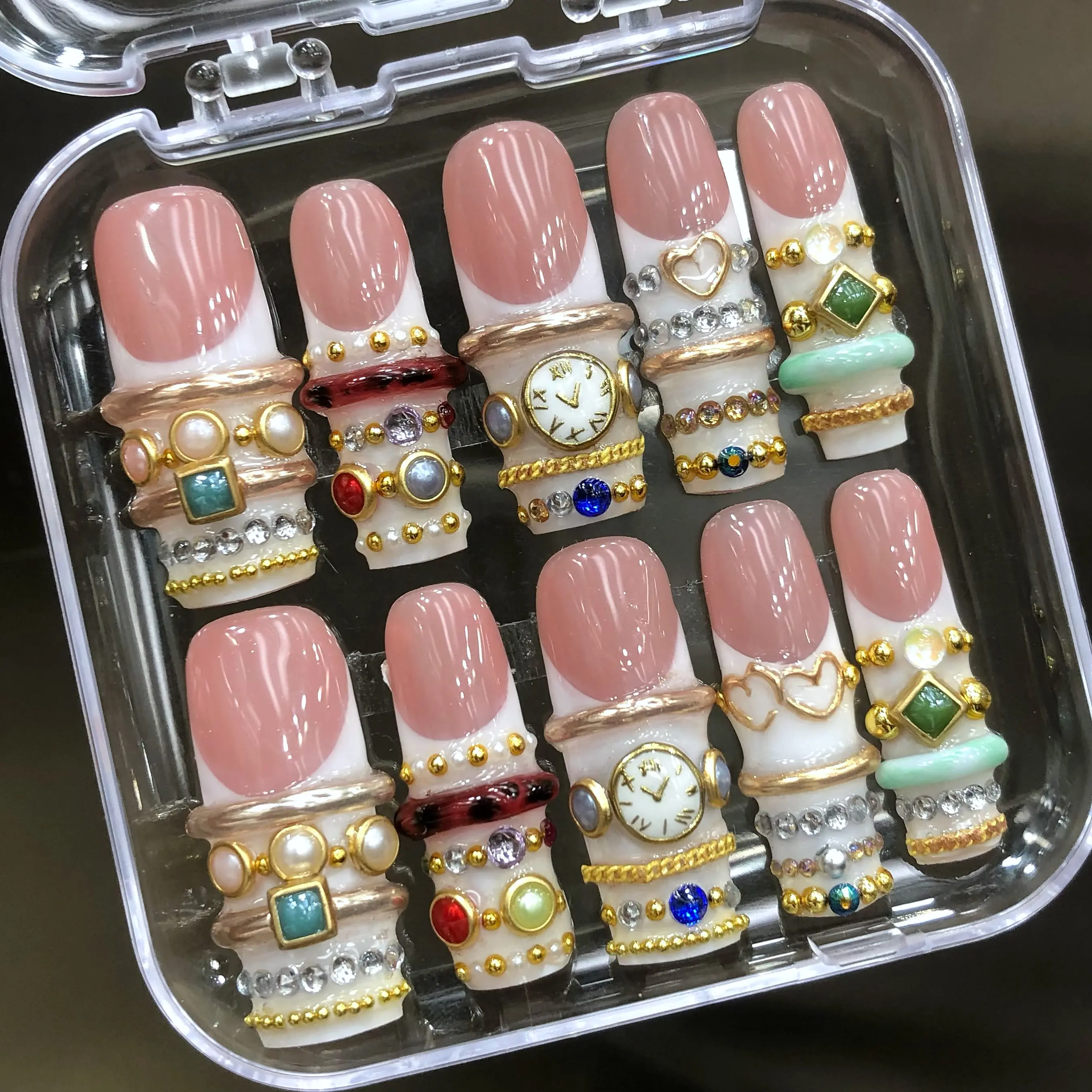 Luxury Jewelry Stack Press On Nails, Vintage Watch Charm, Pearl Gemstone Ring Design, Gold Beaded 3D Nail Art, Elegant Old Money Handmade Nail Set