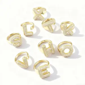 14K Gold Plated Stainless Steel Adjustable Initial Ring A-Z Cubic Zirconia Inlaid Hypoallergenic Women's Dainty Trendy Jewelry Gift