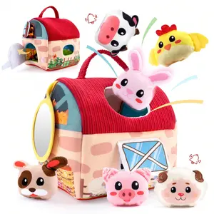 Montessori Farm Barn Theme for Baby Toys 6-12 Months with 6Pcs Stuffed Rabbit Animal Rattle，Sensory for Toddlers Developmental Toy Gift
