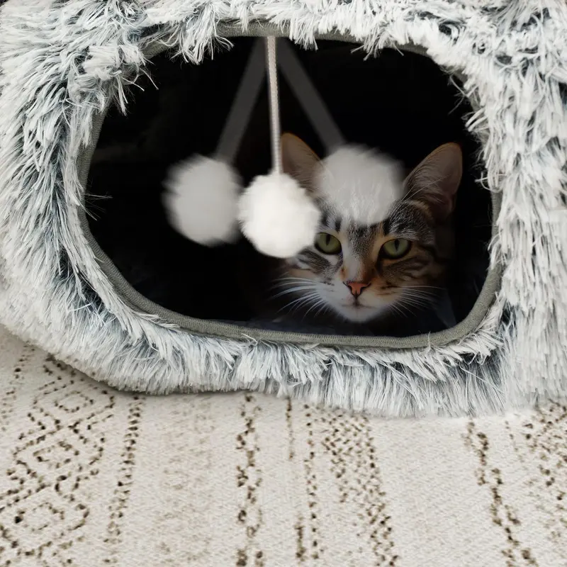 Winter Warm Pet Bed, 2 in 1 Foldable Cat Tunnel Cat Bed, Warm Plush Cat Bed with Hanging Ball & Tunnel Buckle, Pet Supplies for Indoor Outdoor Use 3