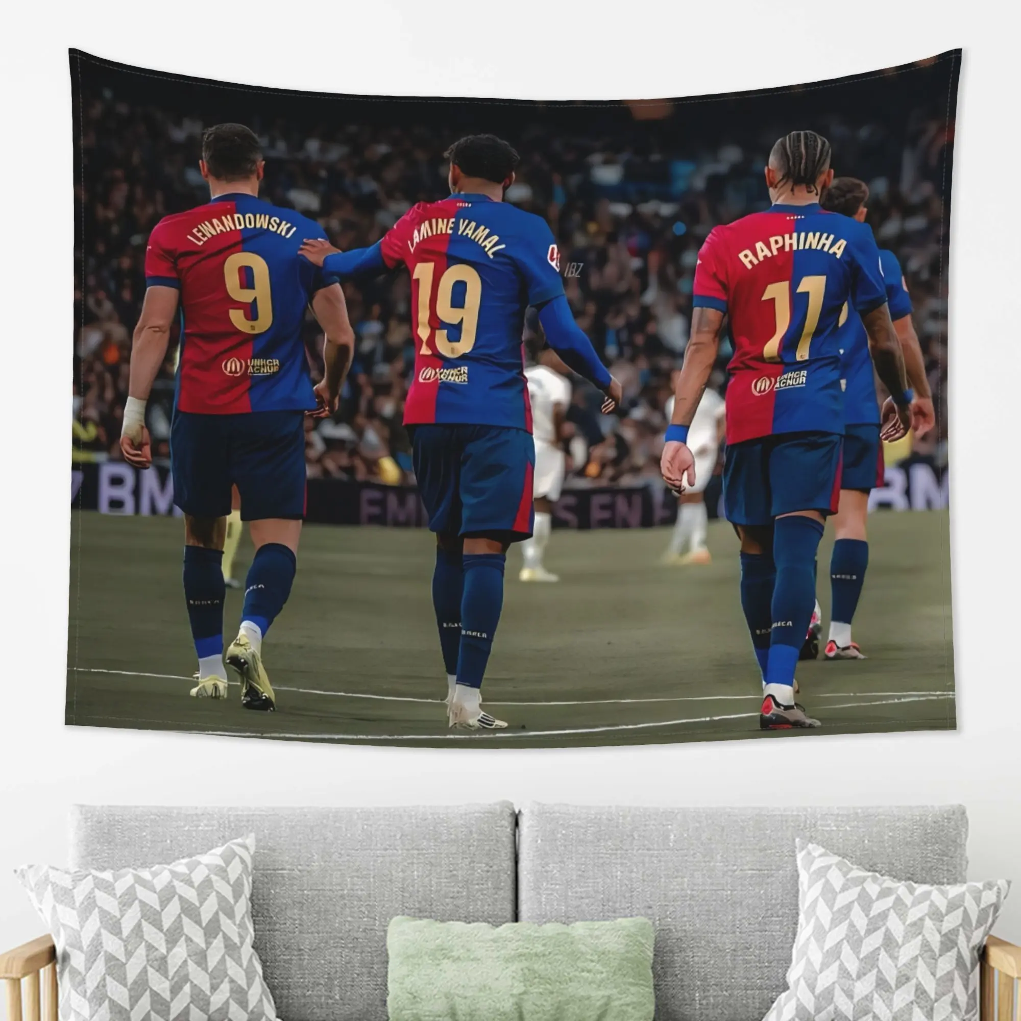 Barcelona Team Back View Poster Print - 3D Team Back Art, Player Backs, Lewandowski Yamal Raphinha Design, Flocked Texture, Naked Eye 3D Effect, Soft Touch, Polyester, Easy to Hang Indoors, Home Supplies for Bedroom, Decoration
