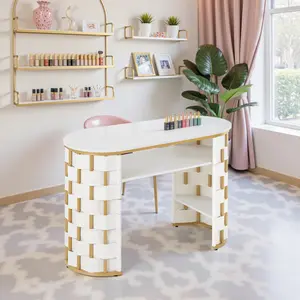 BarberPub Modern Manicure Table, Nail Salon Desk with Metal Frame and Storage Shelf, Woven Leather Beauty Station 2405