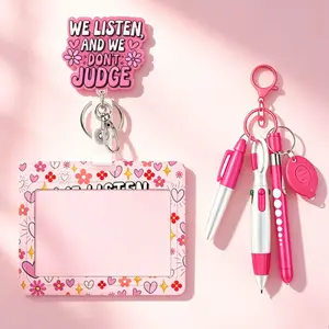 Fun and cute nurse ID badge storage set, includes a nurse pen set, badge clip, lobster clasp design, square floral “We listen, no judgment” design, 360° rotating stretch clip—badge organizer suitable for nurses, volunteers, and office staff.