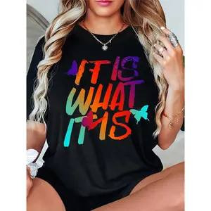 100% Cotton Everyday Comfort) Women'S "IT IS WHAT IT IS" Colorful Letter Print T-Shirt - Casual Summer Top, 100%, Round Neck, Short Sleeve, Lightweight & Comfortable, Machine Washable Golf Gift T-Shirt For Men And Women