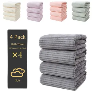 4-Piece Coral Fleece Bath Towel Set, 27.5×55 Inch Candy Strip Towels - Super Absorbent, Quick Drying, Soft Plush Water Absorption for Bathroom, Shower, Home & Hotel Use, Wash Towel