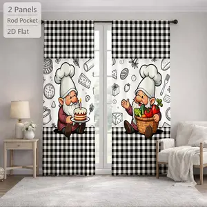 2Pcs Cartoon Style Chef Gnome Gingham Pattern Sun Blocking Curtains Digital Printed Rod Pocket, Window Treatment For Bedroom Office Kitchen Living Room Study Home Decor