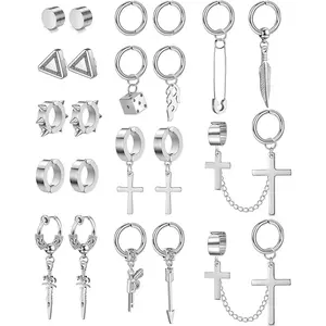 FLORIDECO 22Pcs Stainless Steel Fake Earrings for Men Women Cross Chain Pendant Earring Non-Piercing Huggie Hoop Earrings Set Clip On Earrings for Men Black Fake Earrings Daily