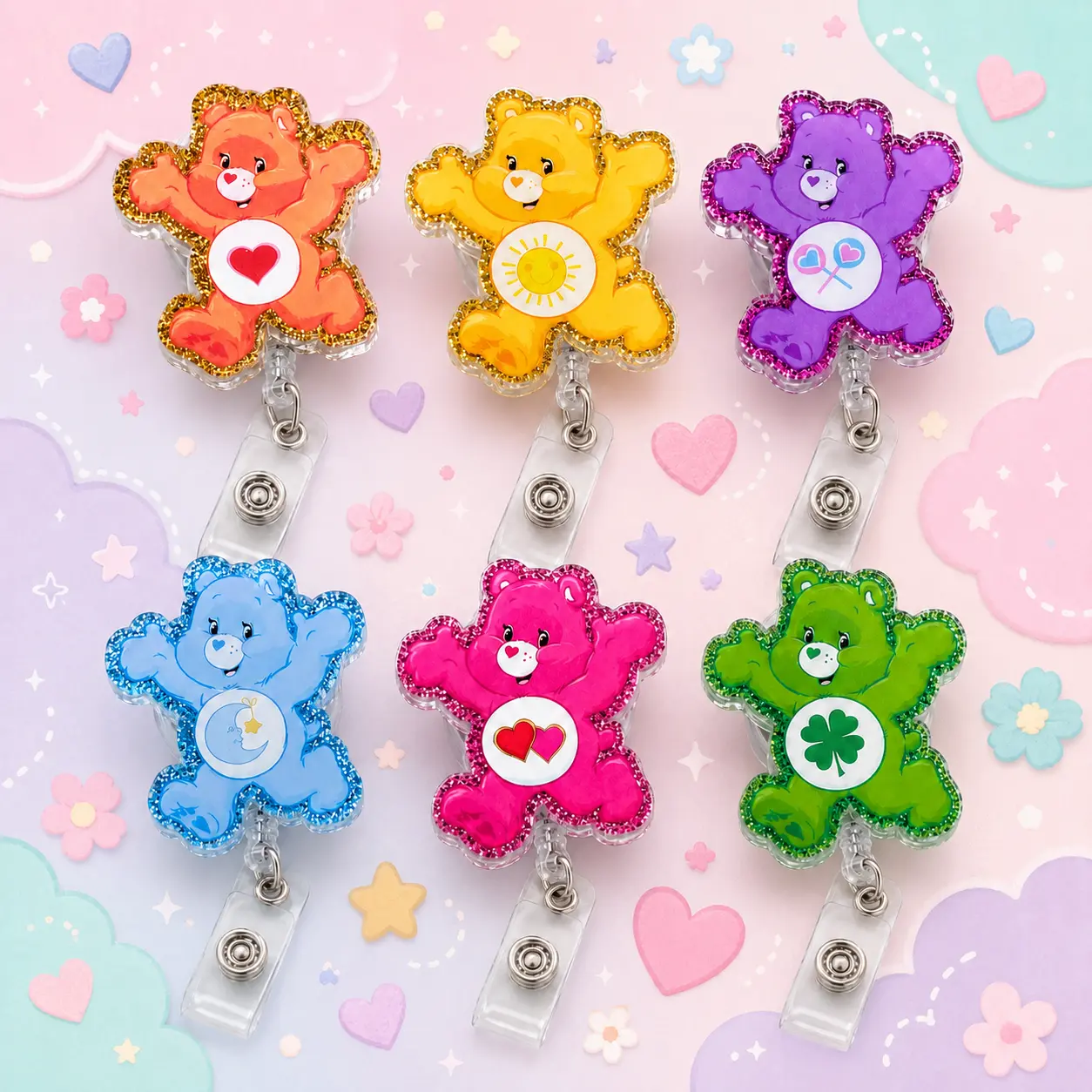Badge Reel for Cute Bear Lovers, Colorful Glitter Friendship Bear Acrylic Retractable ID Badge Holder, Heart Sun Moon Clover Badge Clip for Nurses Teachers and Students