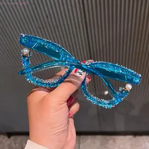 Full Diamond Oversized Square Blue Light Blocking Glasses for Women Thick Frame Fashion Eyewear Relieve Eye Strain Perfect for Office Study Gaming & Daily Screen Use