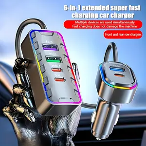 6-Port Front & Rear Car Charger, 1.45 m Extension Cord, Fast Charging, Digital Display Ambient Light, Rear Seat Charging Extender
